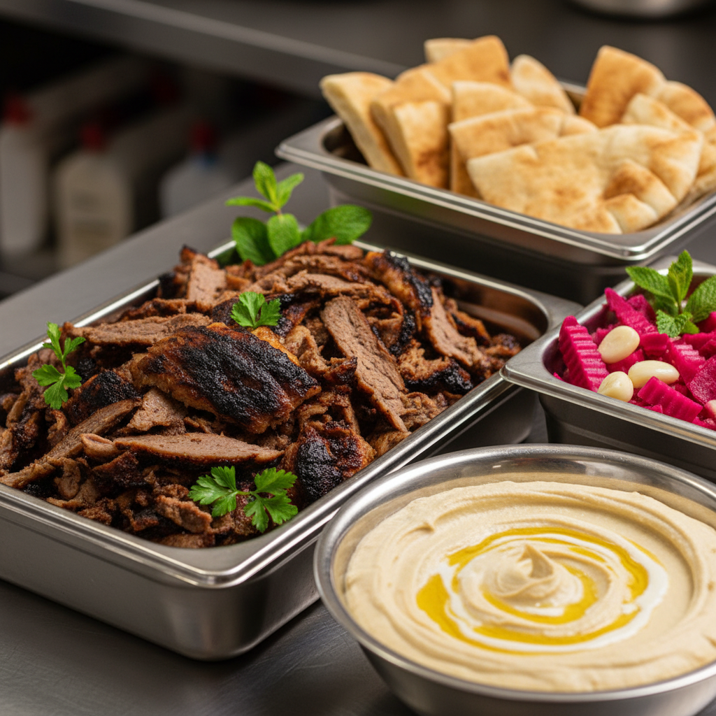 Close-up of Toronto corporate catering with shawarma, hummus, tahini, and pitas for office lunch