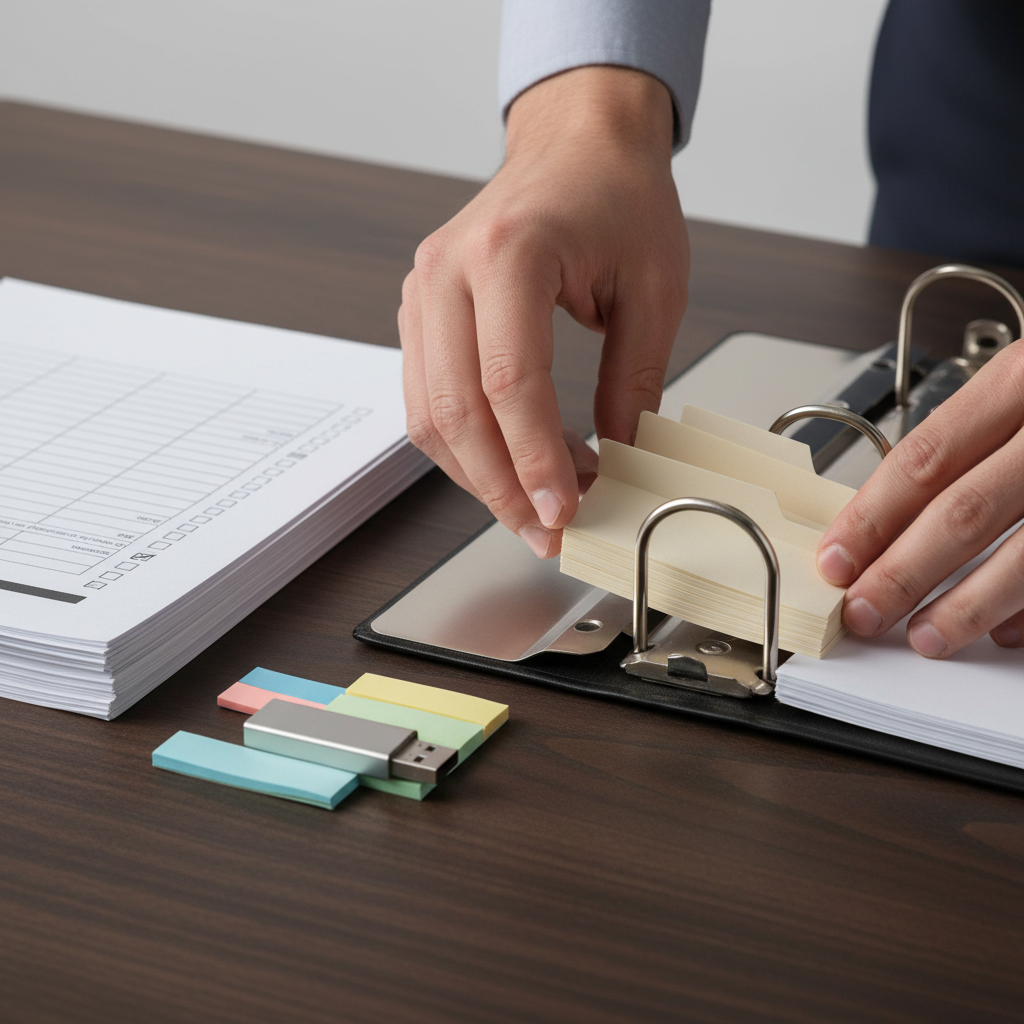Close-up of organizing a government bid package with tabs and a clean checklist for small business procurement readiness