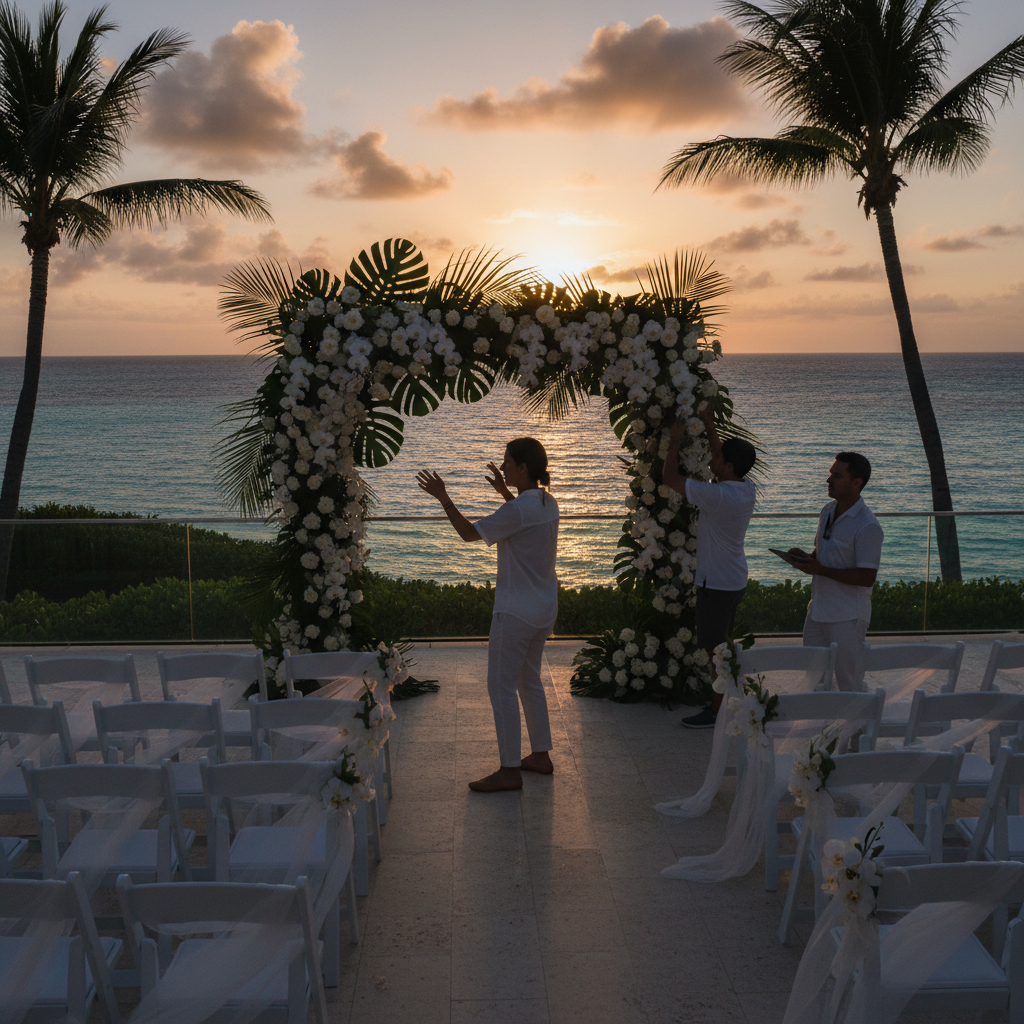 Resort wedding site walkthrough with floral arch and ocean view, illustrating destination planner coordination