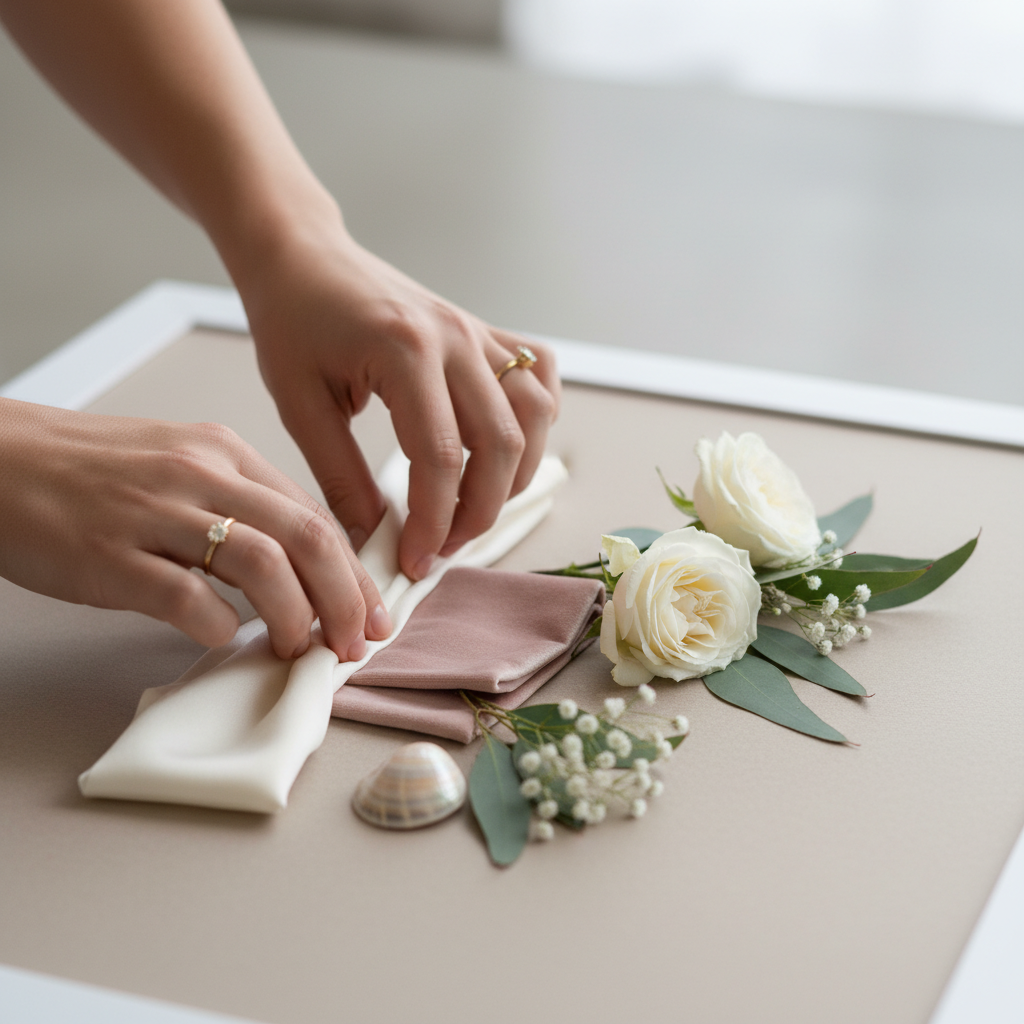 Detail shot of a wedding planner arranging fabric swatches and floral samples for destination vs local wedding planning