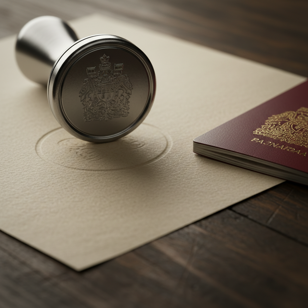 Close-up of a Toronto notary public embossing seal on an affidavit beside a Canadian passport at Vikram Sharma Law in Etobicoke