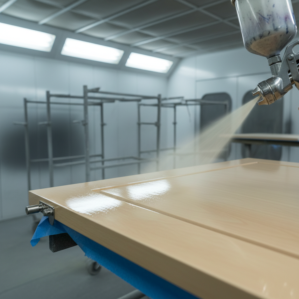 HVLP spraying a cabinet door in a professional spray booth during kitchen cupboard refinishing