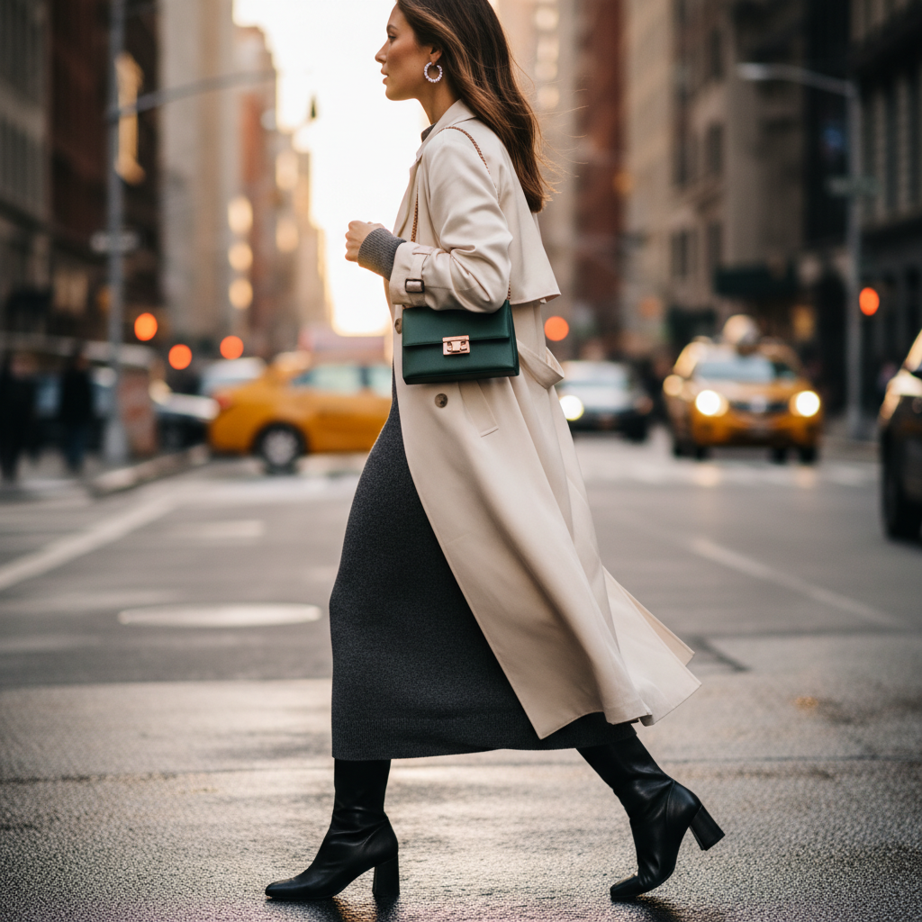 Lifestyle side-angle of a woman in Manhattan wearing refined diamond hoop earrings at golden hour, illustrating real-world fit and sparkle of top diamond earring styles