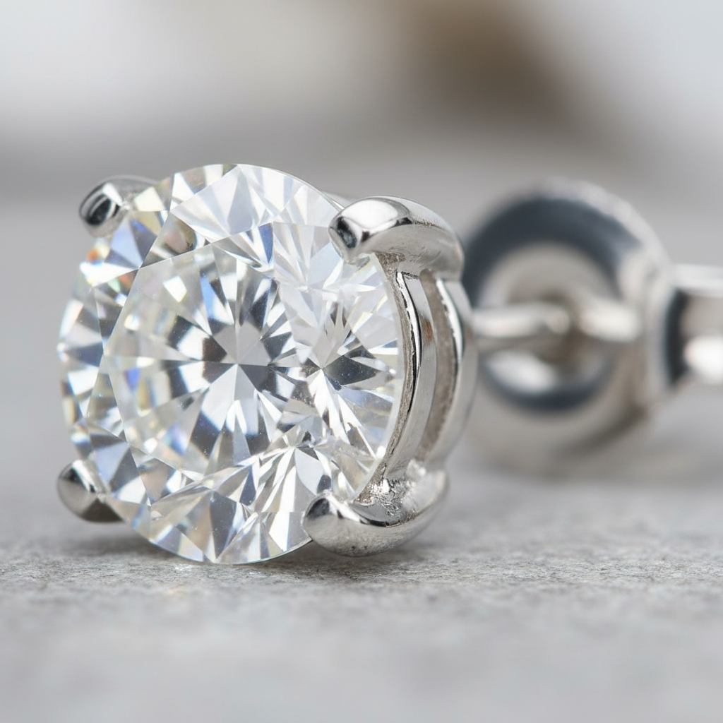 Macro detail of a round brilliant lab-grown diamond stud earring in 14k white gold with secure screw-back, showcasing facet sparkle and best diamond earrings craftsmanship