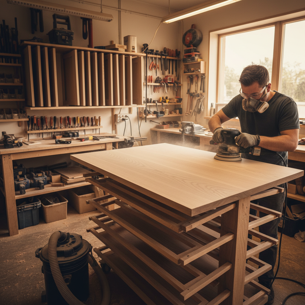 Technician sanding cabinet doors on drying racks in a workshop before kitchen cupboard refinishing