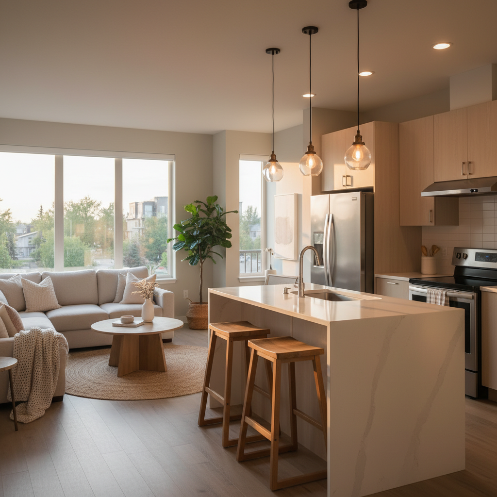 Bright open-concept interior of an Edmonton townhouse with quartz island and large windows – Southeast Edmonton townhomes