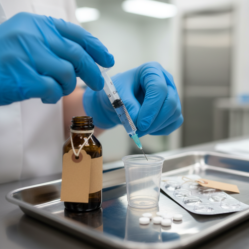 Close-up of nurse preparing medication-assisted treatment dose in an outpatient clinic, supporting safe substance abuse treatment