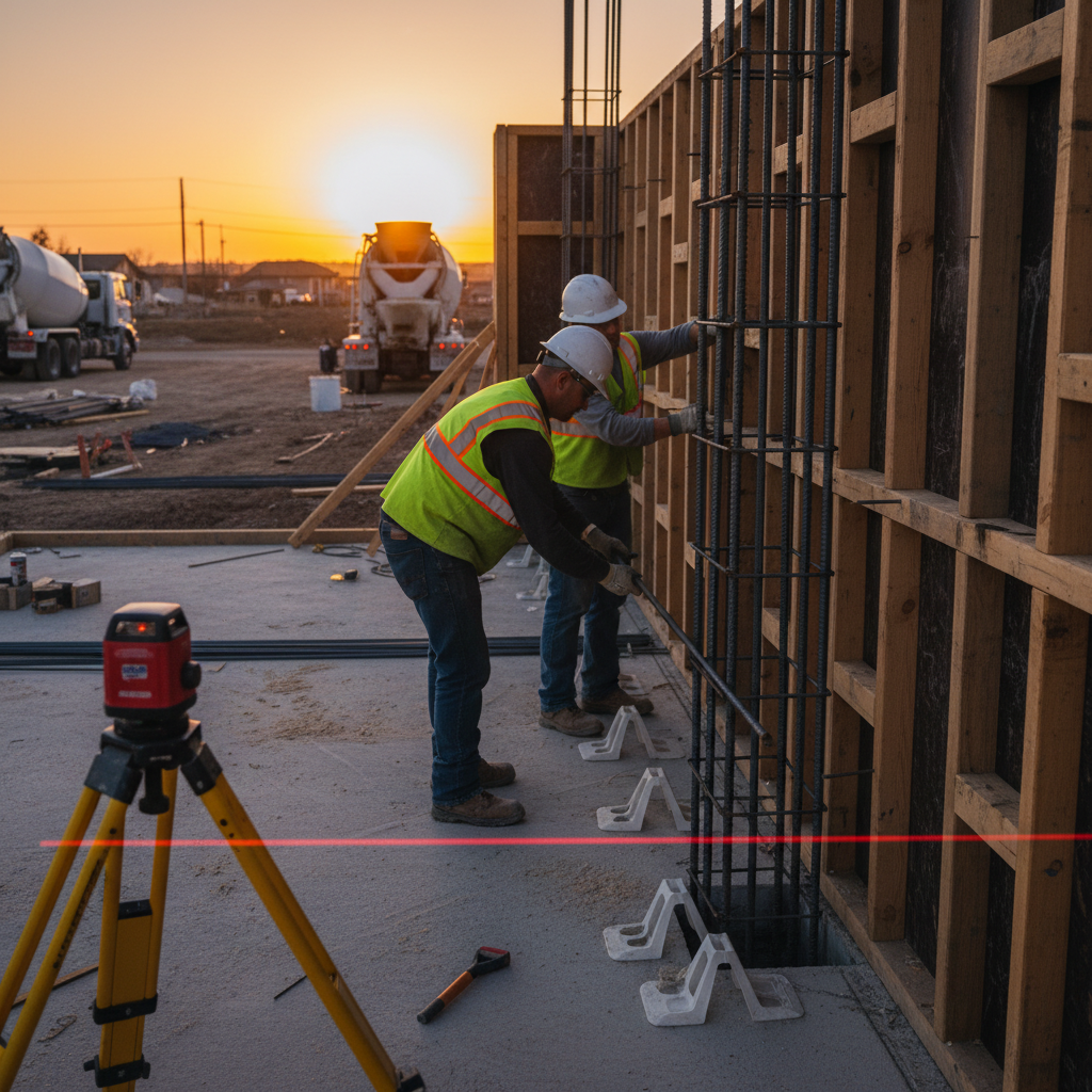 Crew placing reinforcing steel in basement wall forms with chairs, vertical bars at regular spacing, and a laser level—showing real-world execution of a foundation wall rebar detail