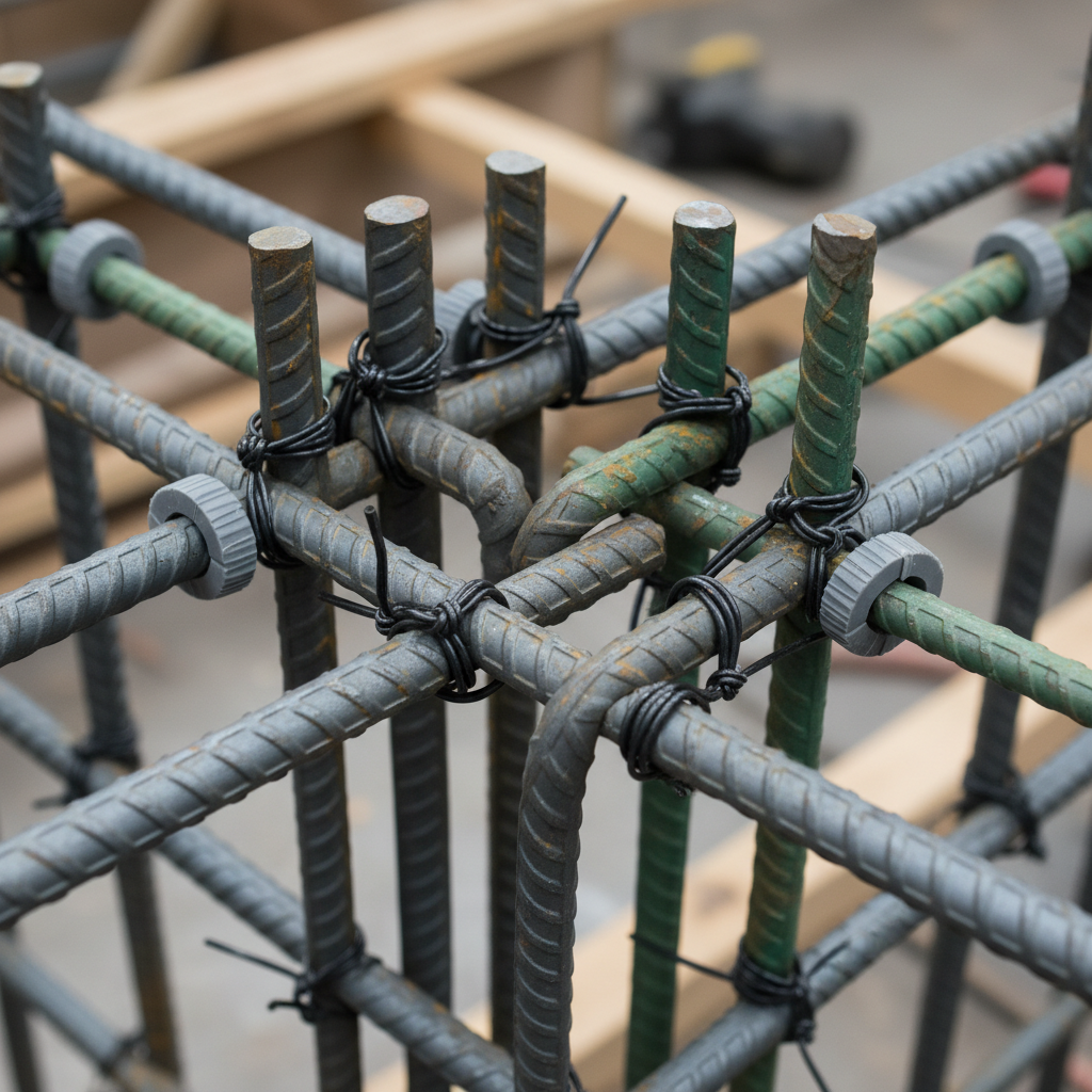 Close-up of foundation wall rebar detail at a corner with 15M and 20M bars, tie wire, spacers, and epoxy-coated steel—illustrating proper laps, hooks, and cover for a foundation wall rebar detail