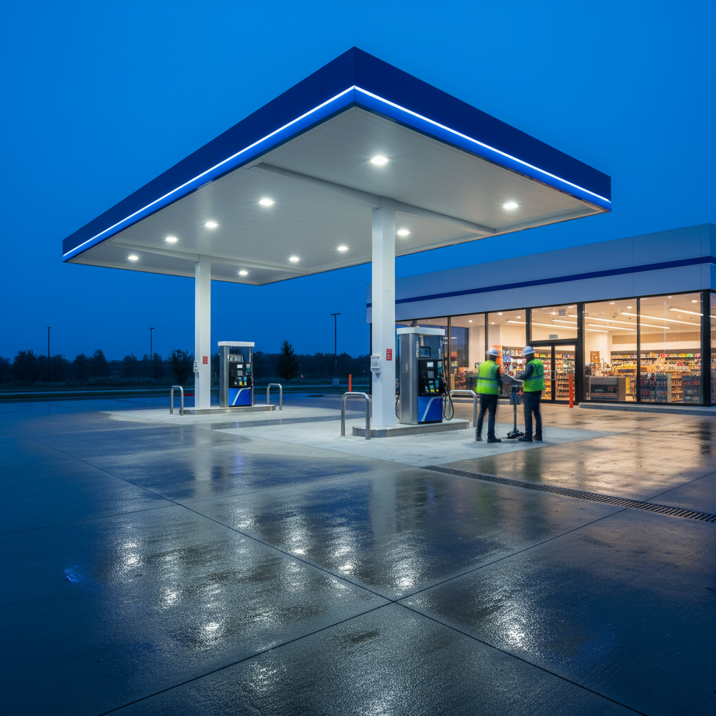Newly built Texas fuel station forecourt at blue hour with illuminated canopy and C-store glazing, showing high-quality gas station construction finish