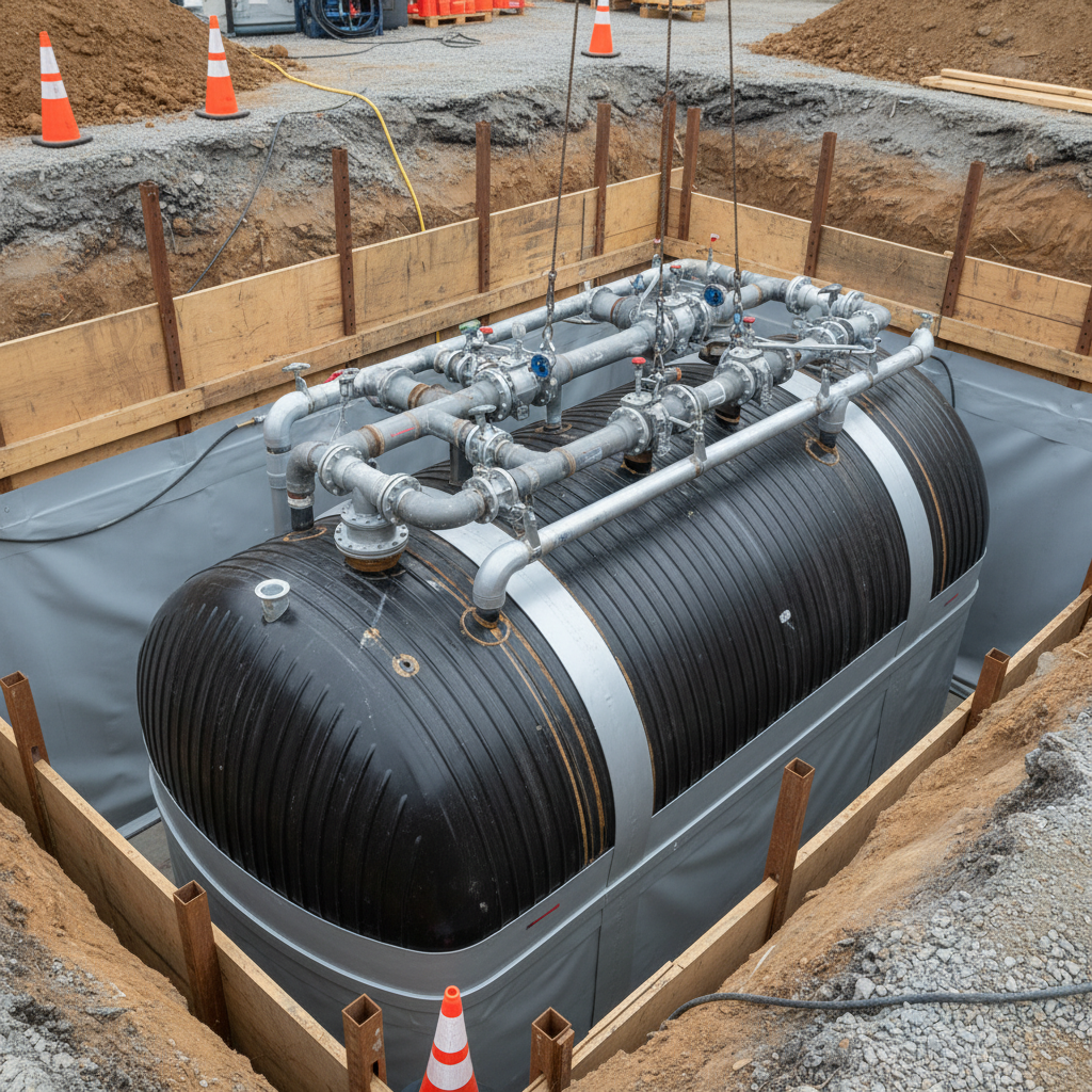 Close-up of double-walled underground storage tank installation with secondary containment and manifolds for gas station construction in Texas