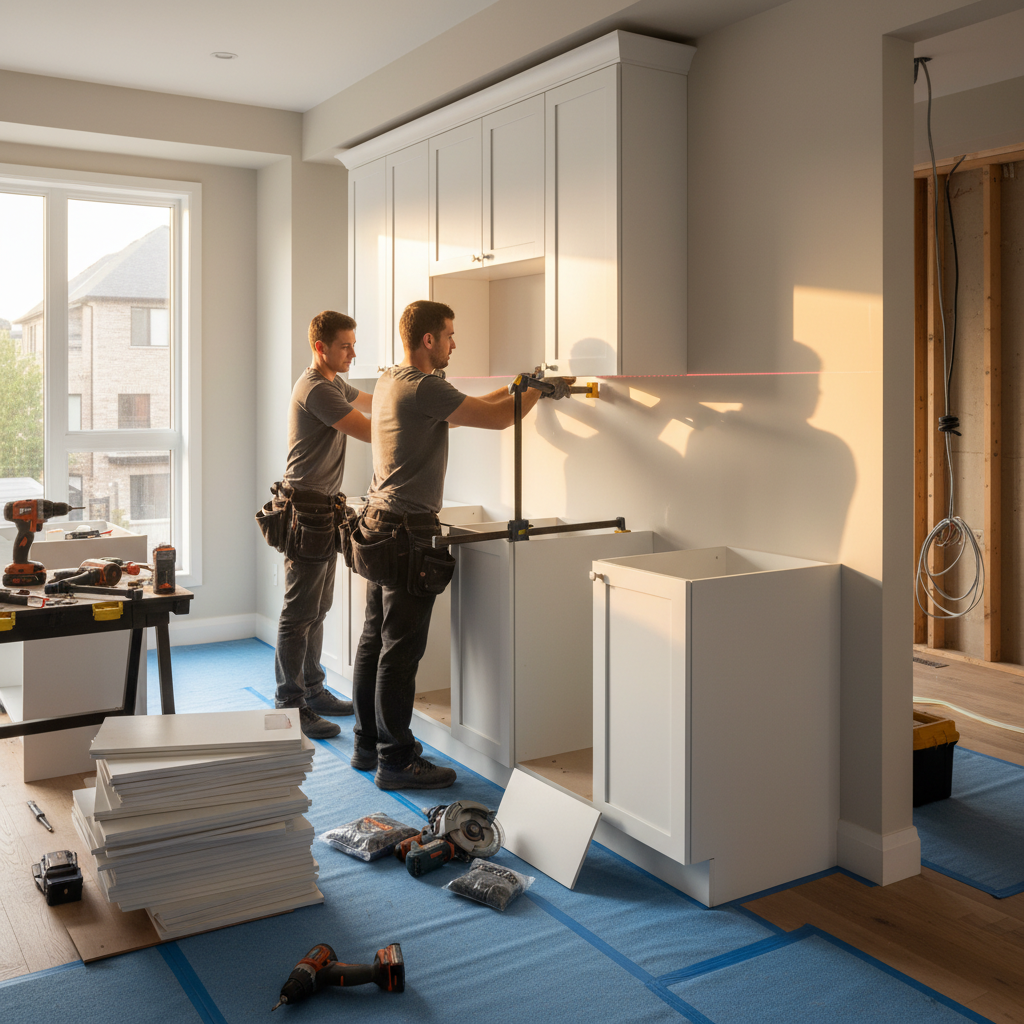 Kitchen Remodels: Cut Stress & Get a Space You Love 2026 2 Installers setting base cabinets with a laser level during a GTA kitchen remodel, illustrating the step-by-step process from before to after