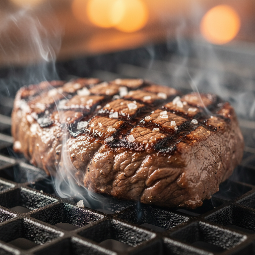 Close-up of carne asada on the grill for order-ahead Mexican food in Toronto