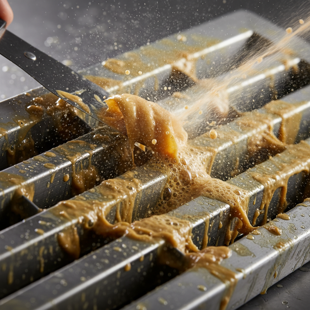 Close-up of greasy baffle filter being degreased during kitchen vent cleaning in Ontario