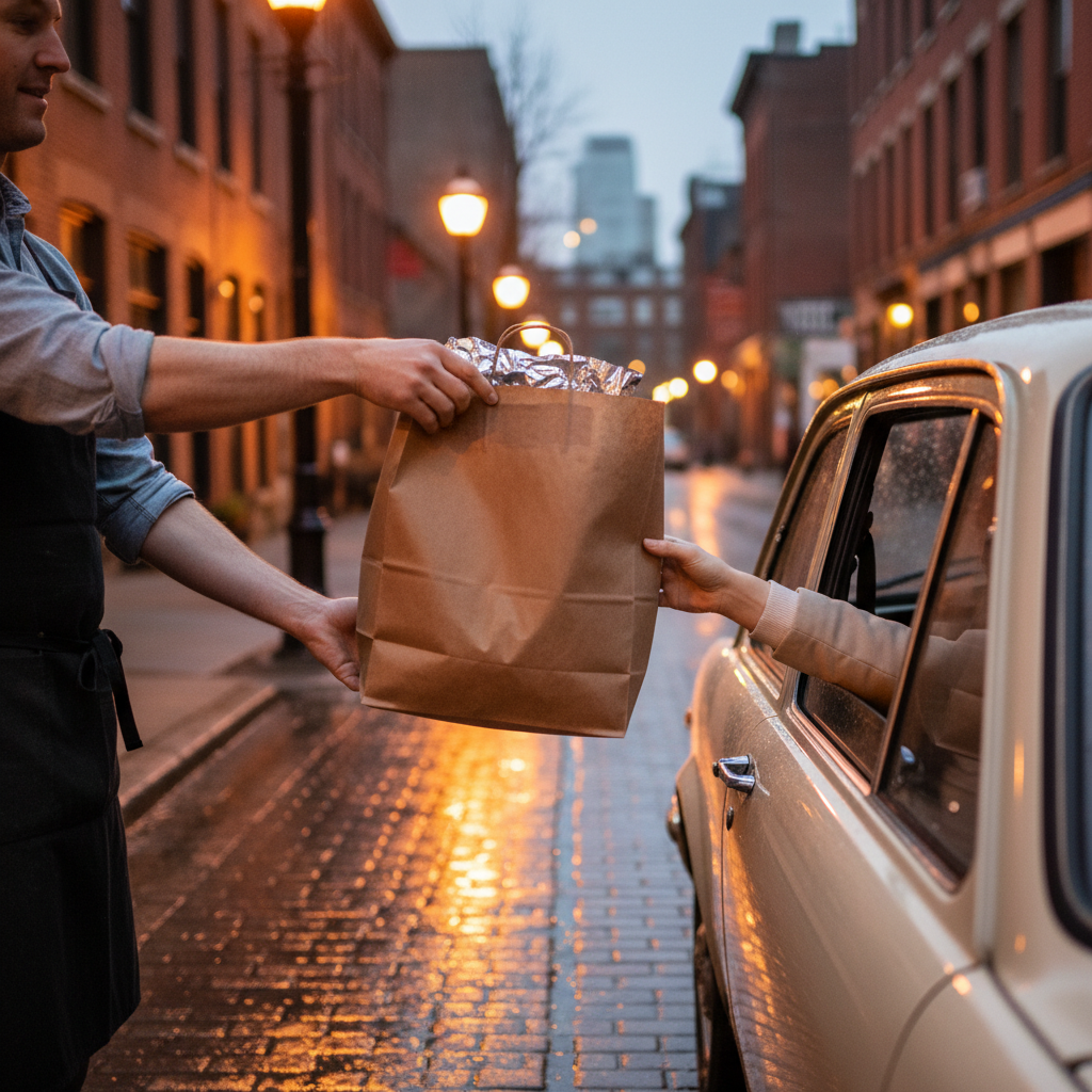 Curbside pickup handoff for order-ahead Mexican food in Old Toronto