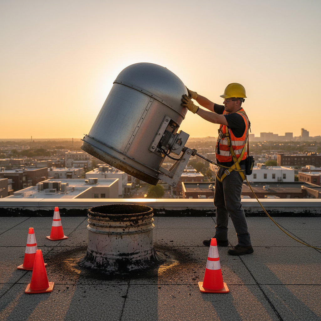 Technician lifting rooftop upblast fan on hinge kit during Ontario kitchen vent cleaning