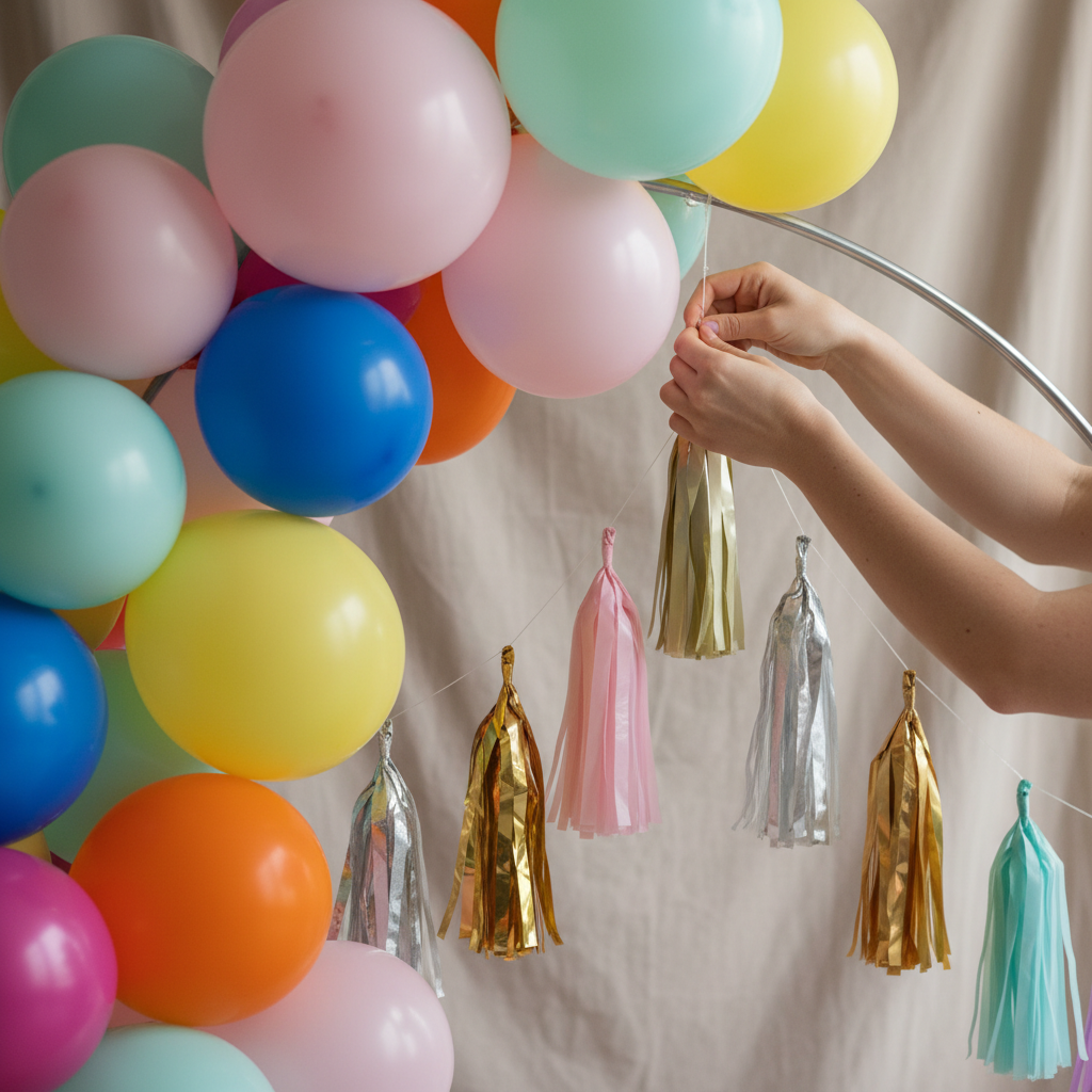 Close-up of hands building a colorful balloon garland for a birthday party backdrop; decorative detail for a birthday party planning guide