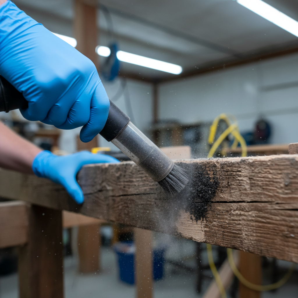 HEPA vacuum close-up removing mold from a wood joist during professional mold removal service
