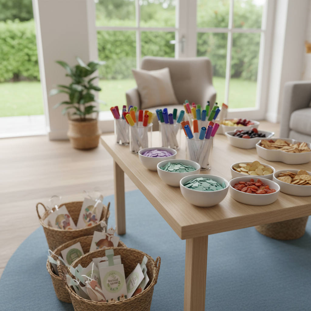 Kid-friendly activity station with crafts and snack trays, illustrating tools and resources from a birthday party planning guide