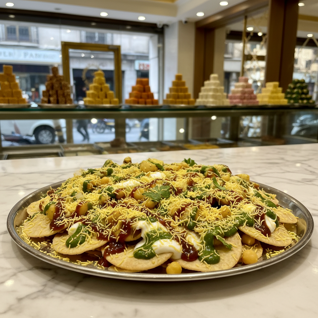 Papdi chaat plated at an Indian sweets shop counter with crisp papdi, yogurt, green and tamarind chutneys, and sev
