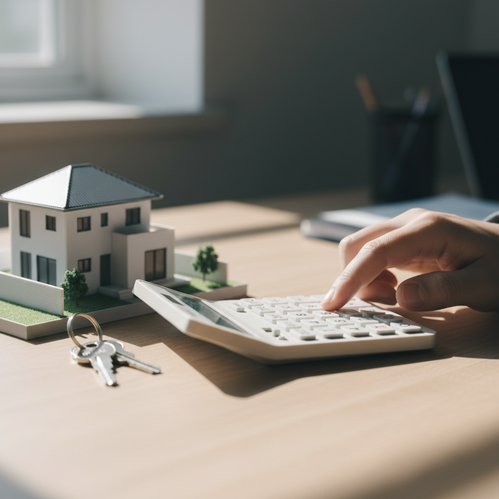 Close-up of calculating home loan details with calculator, model house, and keys, illustrating mortgage repayment inputs and borrowing power