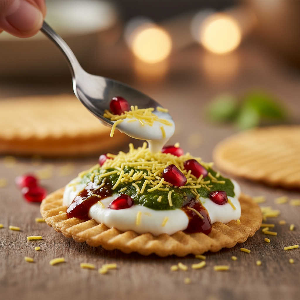 Close-up of papdi chaat assembly with cool yogurt, chutneys, and sev for crisp, balanced flavor