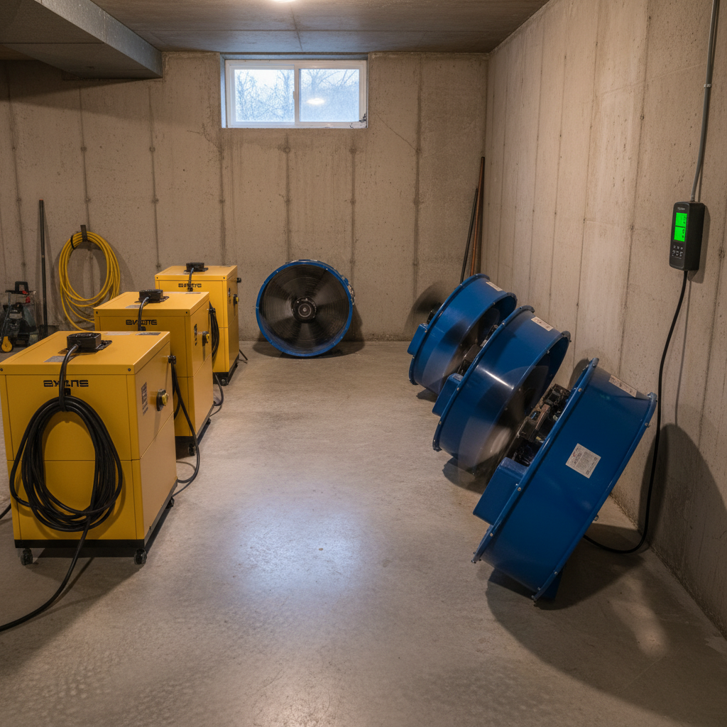 Basement drying with commercial dehumidifiers and air movers after water damage restoration