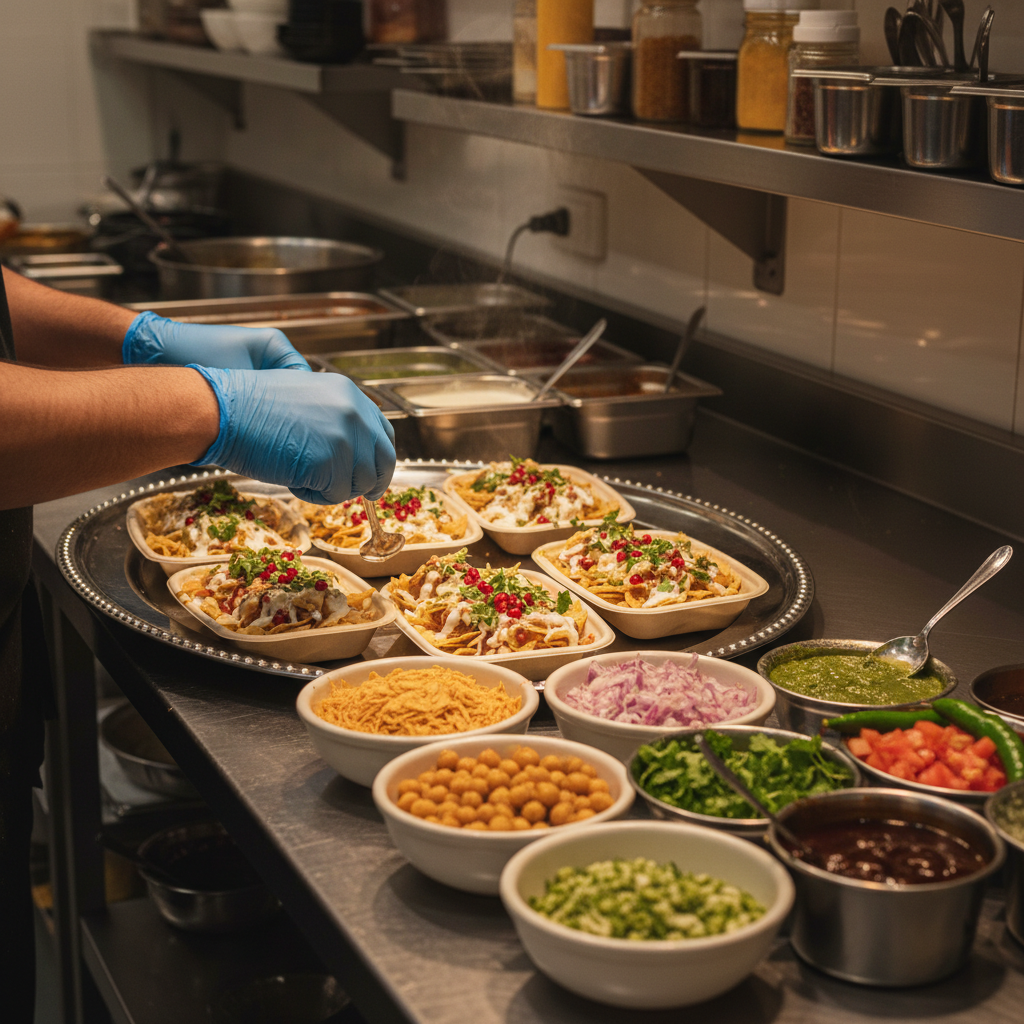 Professional kitchen assembling papdi chaat platters for catering with separate bowls of toppings and gloved hands
