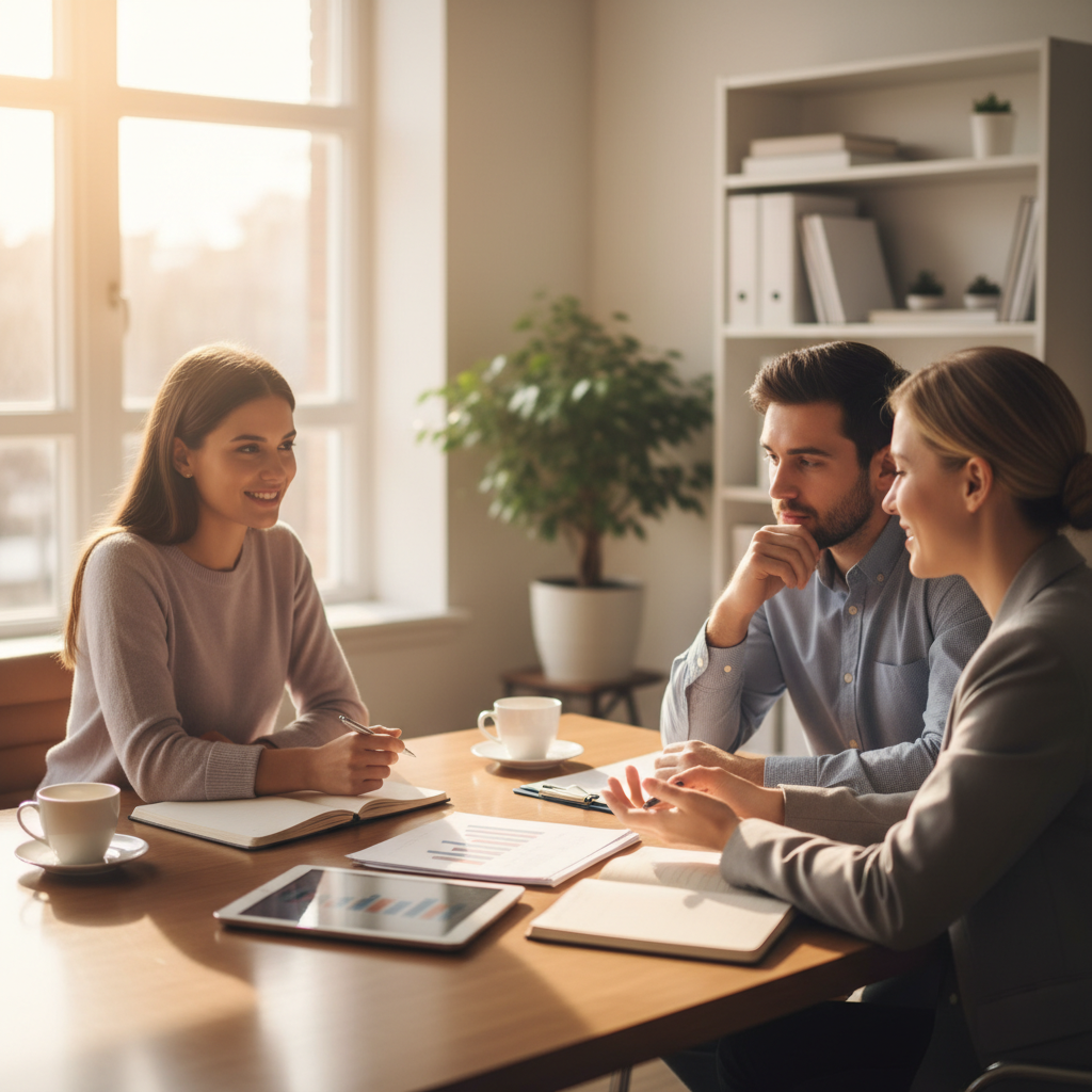 Mortgage broker meeting with clients to validate calculating home loan scenarios and lender policy fit in a bright office