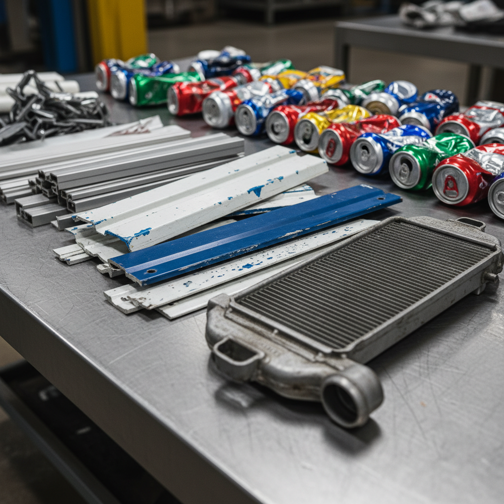 Close-up of sorted aluminum grades: clean extrusion, painted siding, cans, and a radiator piece prepared to maximize aluminum scrap value