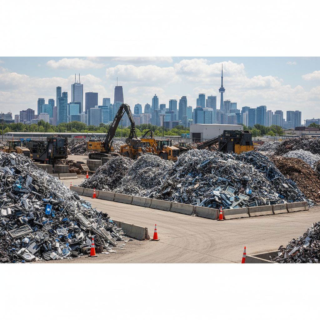 Featured wide shot of aluminum scrap piles at an organized scrapyard in Toronto metro, illustrating aluminum scrap value and sorting opportunities