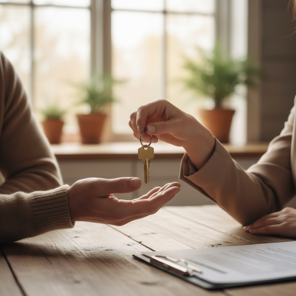 Homeowner and real estate professional exchanging keys during a Houseup-guided closing, symbolizing secure real estate transactions with expert support