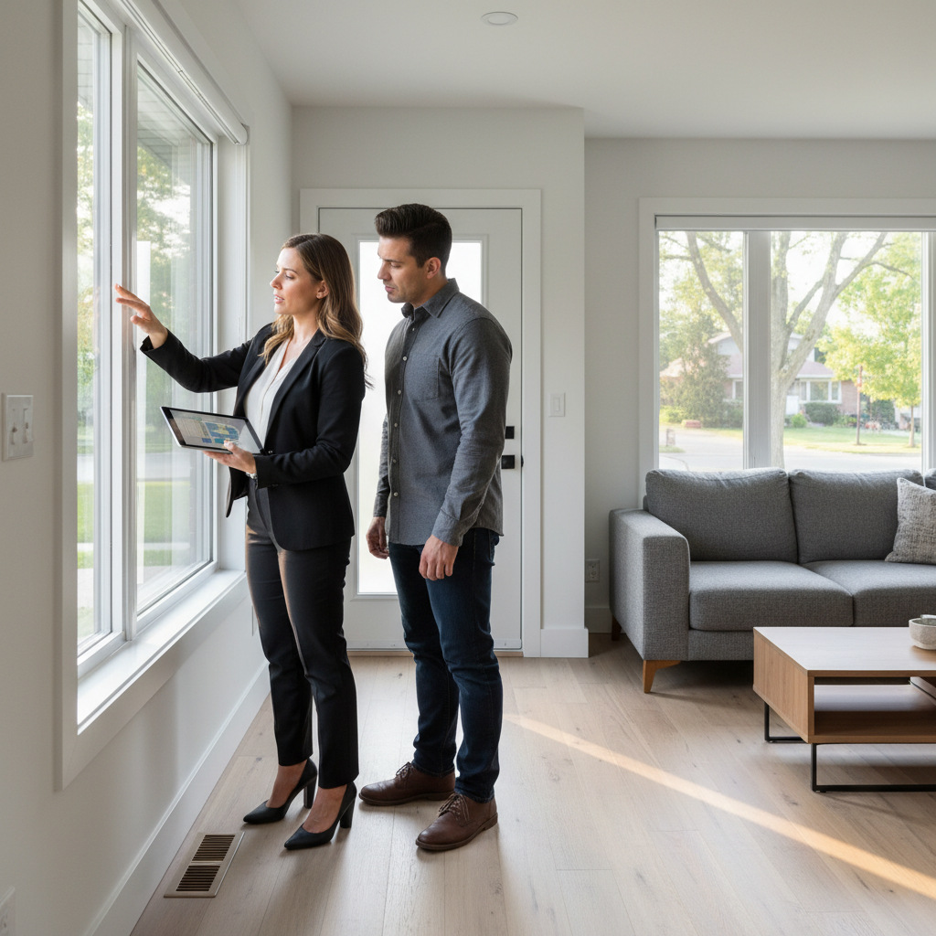 Consultant walkthrough in a Brampton home demonstrating on-site Vaastu assessment with entryway and windows