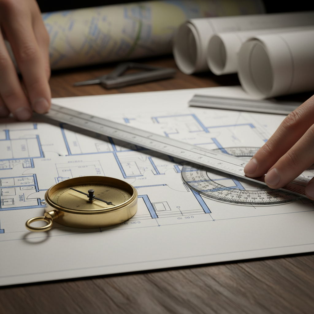 Close-up of Vaastu consultation tools showing compass on floor plan, illustrating consultation process steps