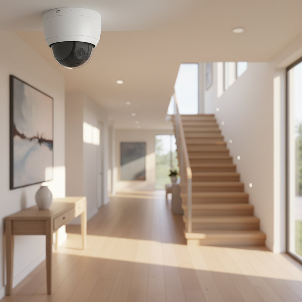 Indoor dome camera monitoring a bright entryway and staircase for home CCTV security