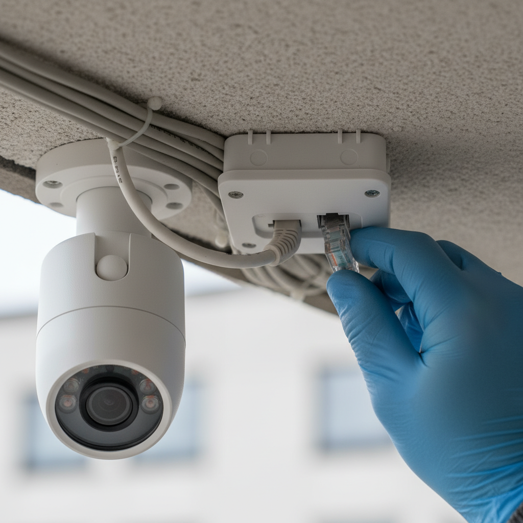 Detail view of PoE CCTV for home security: gloved hand connecting RJ45 into weatherproof junction box beside bullet camera
