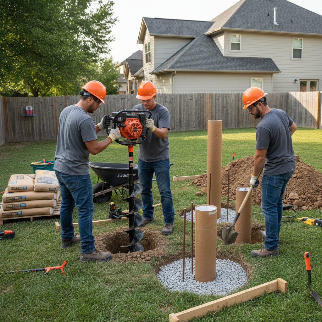 Deck crew installing concrete footings with Sonotube forms for a Mississauga deck build, showing proper excavation, gravel base, and rebar