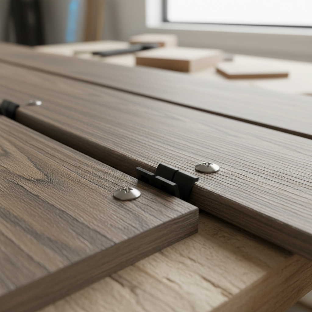 Composite deck boards close-up with hidden fasteners demonstrating Mississauga deck design material choice and craftsmanship