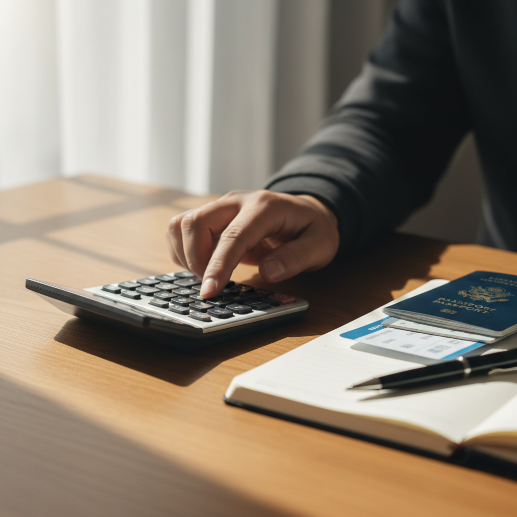 Close-up calculator beside passports and pen — Federal Skilled Worker points calculator guide visual