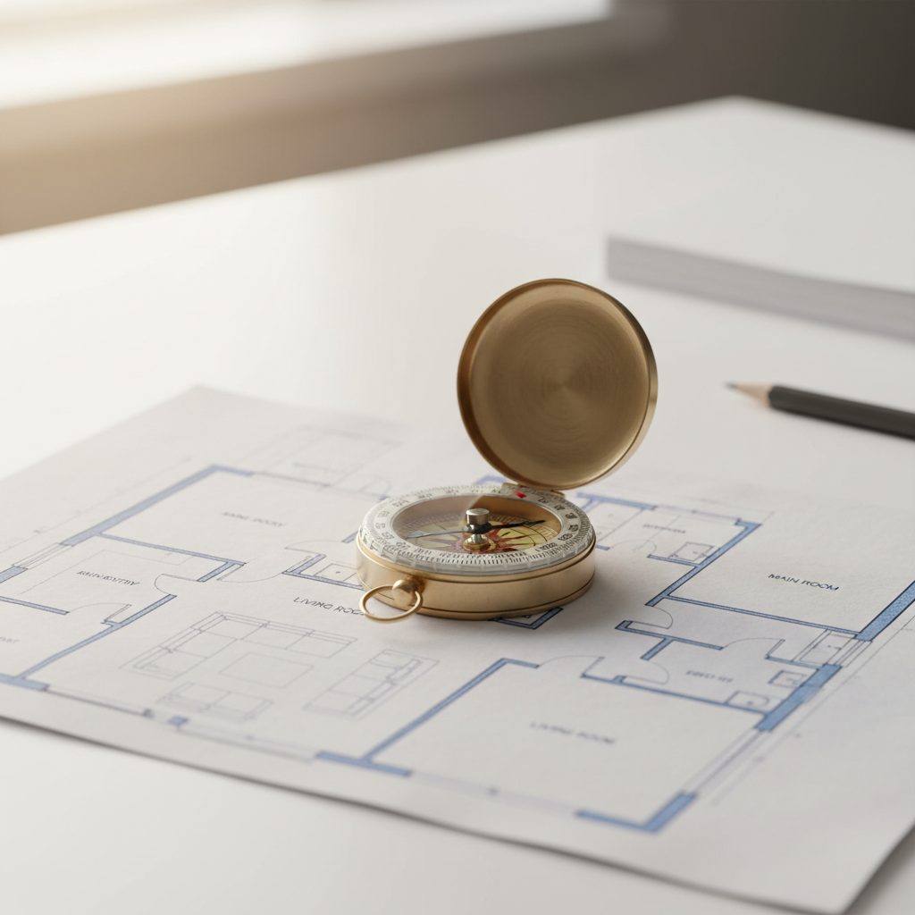 Detail shot of a brass compass on a floor plan assessing entry direction for Vastu home buying in Mississauga