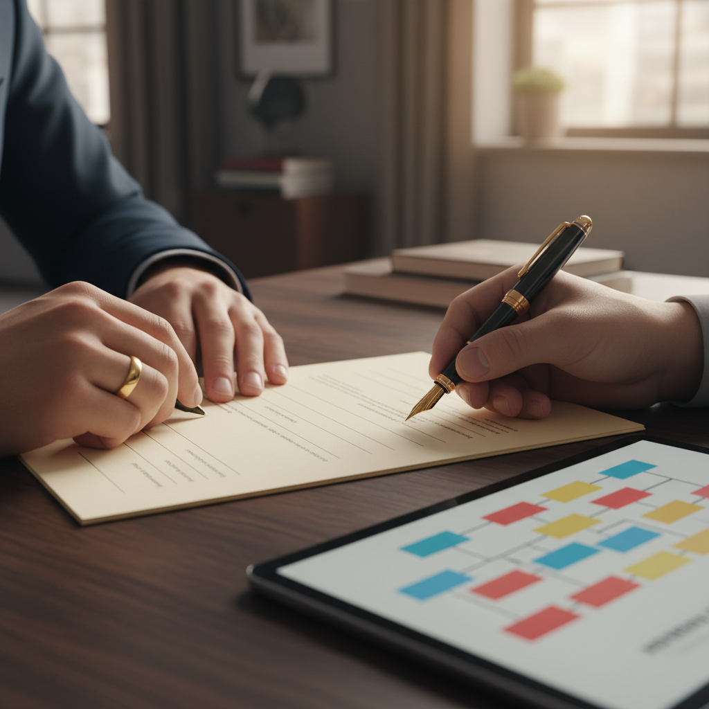 Close-up of hands signing a family business succession plan with an org chart on tablet; aligns tax, BAS, STP, and payroll handover