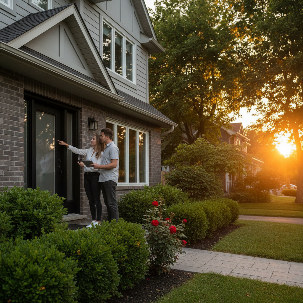 New homeowners in Peel Region assessing front door orientation at sunset for Vastu-focused home buying