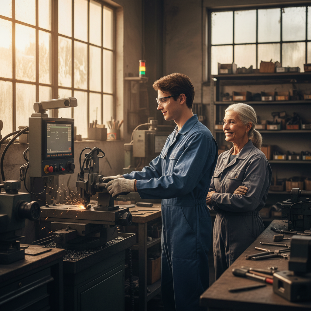 Side-angle view of a workshop succession: next-generation family member operates machinery while the founder supervises, illustrating practical handover