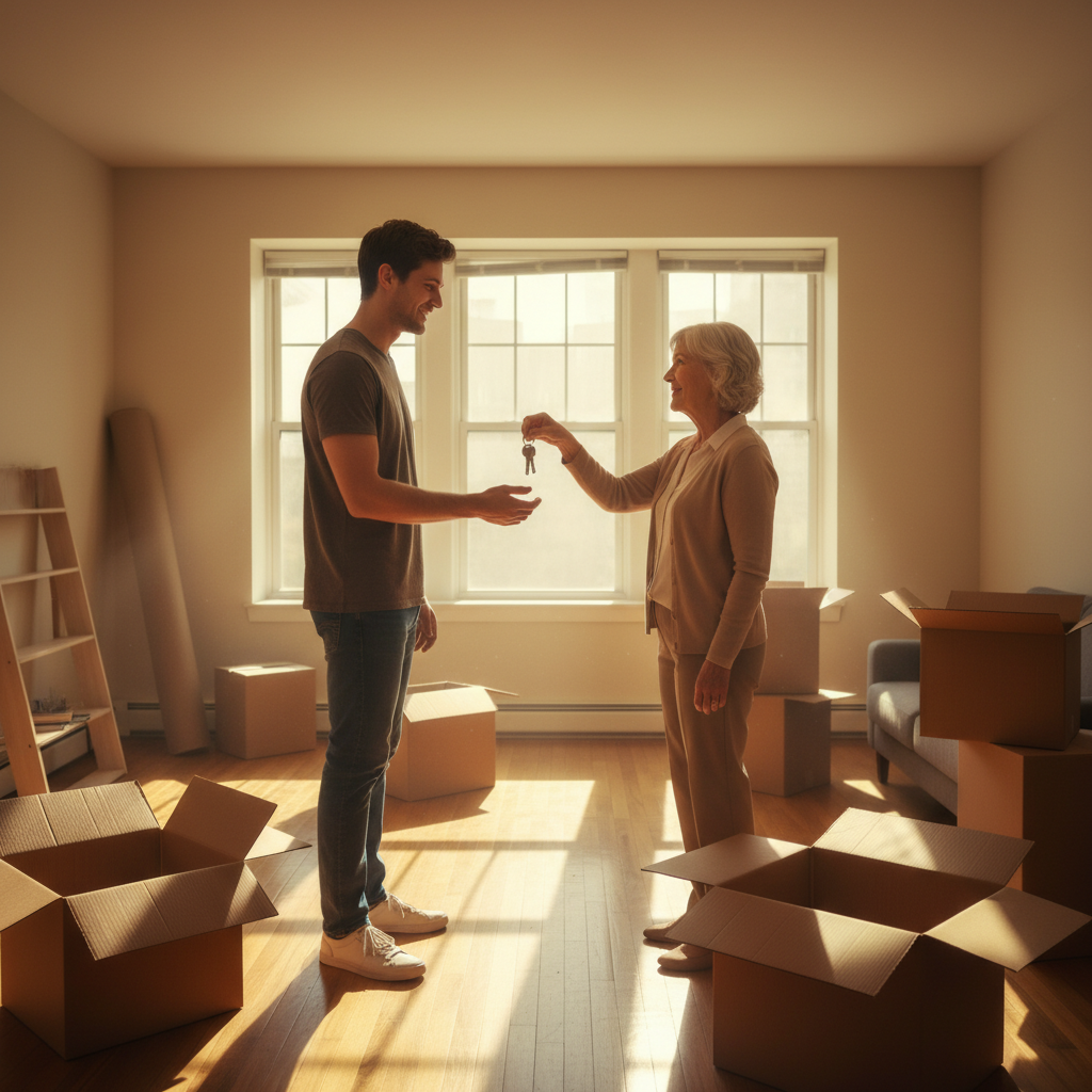 Renter receiving apartment keys in a bright living room, reflecting Real Estate listings on a Buy & Sell Canada marketplace