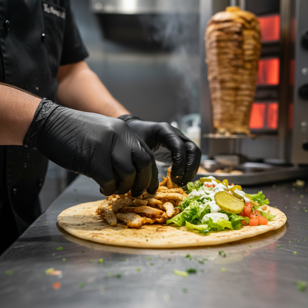 Chef assembling a fresh chicken shawarma wrap for catering, demonstrating food freshness controls like clean gloves and hot-hold meat