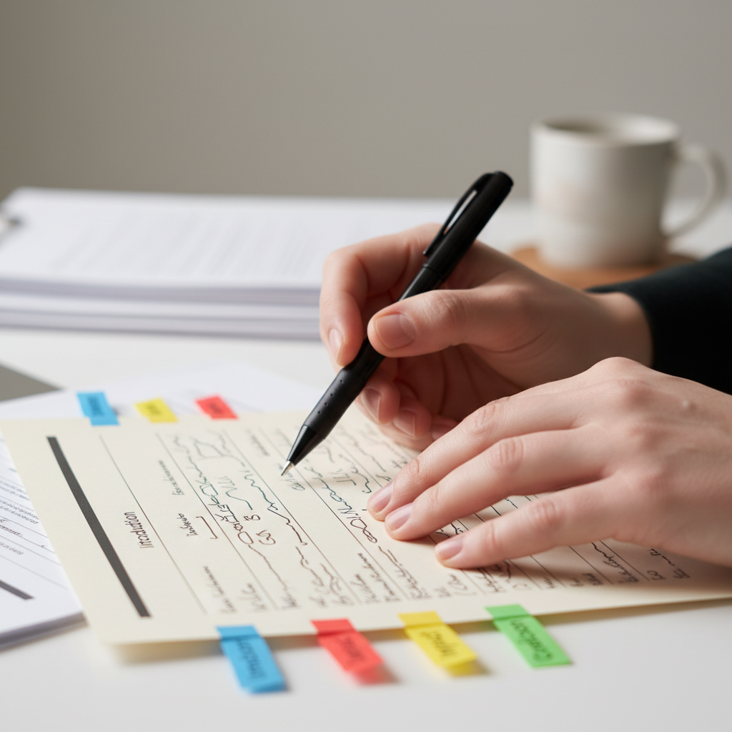 Close-up detail of editing a grant narrative draft to prevent grant application mistakes, color-coded flags for compliance checks