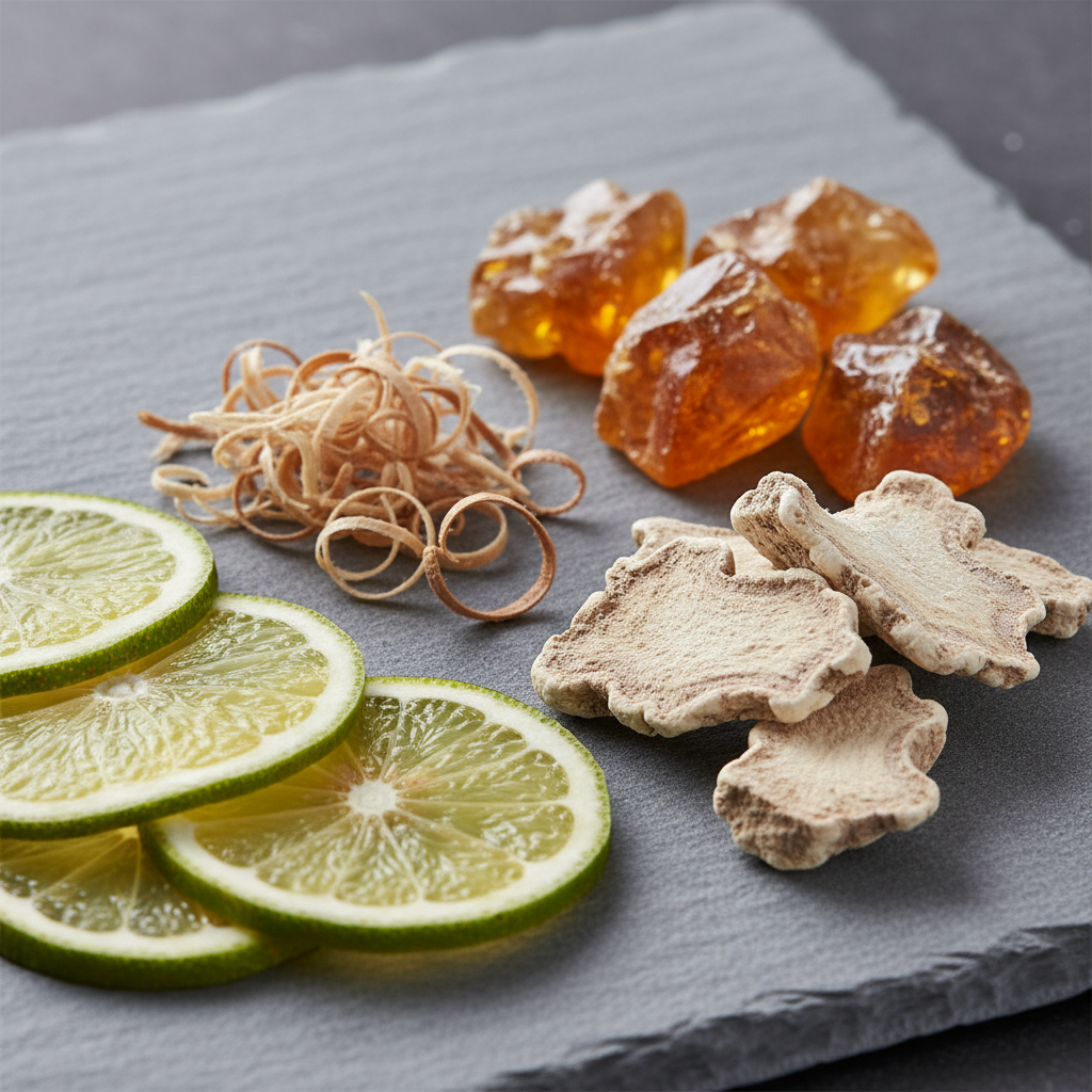Close-up of bergamot, orris root, cedar, and amber resin—key notes in unisex fragrances—arranged on stone, highlighting ingredients behind long-lasting eau de parfum