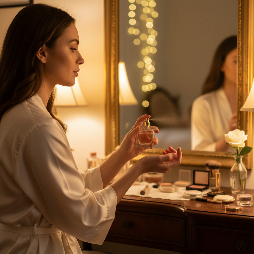 Applying a unisex eau de parfum to the wrist pulse point in a warm-lit room for controlled projection and long-lasting wear