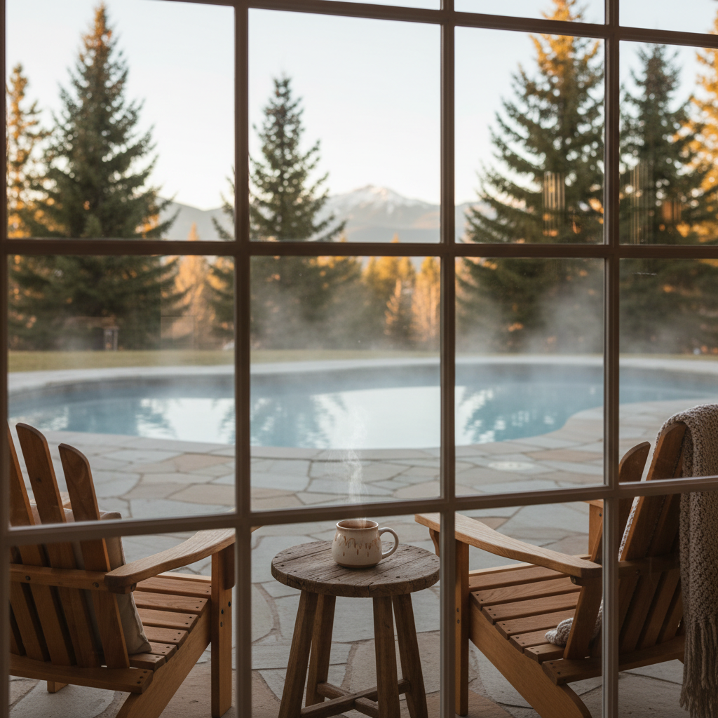 Close-up from an enclosed porch at a mountain view lodge in North Conway showing Adirondack chairs and a heated outdoor pool