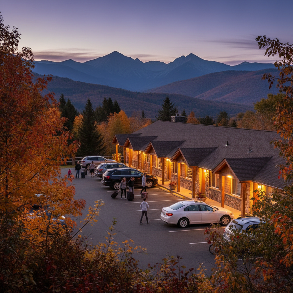 Guests arriving at a North Conway mountain view lodge-style motel with convenient parking near rooms and mountain backdrop